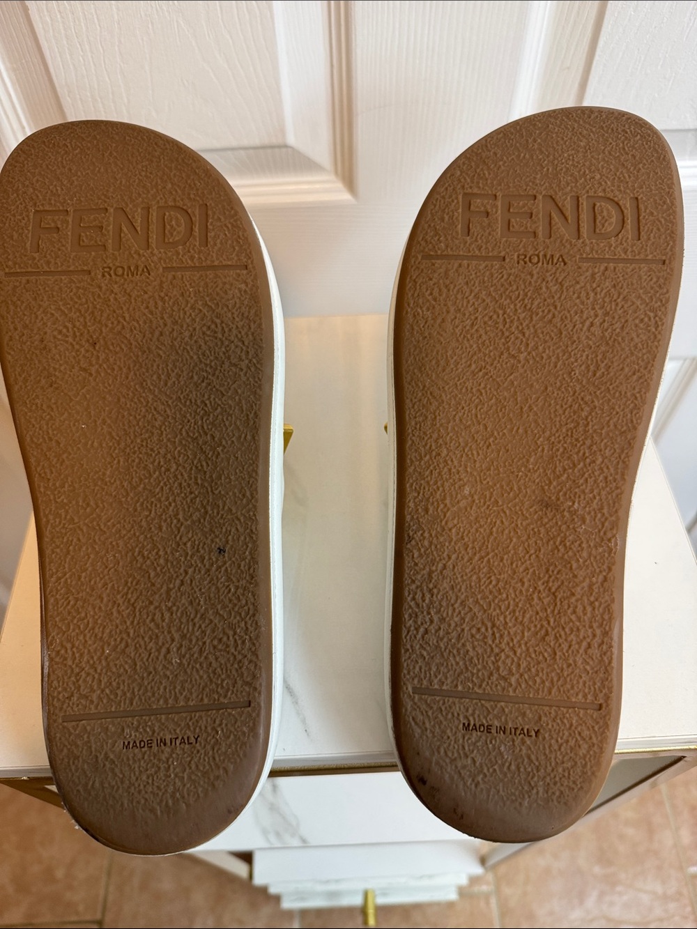 Fendi White Leather Logo Crossover Slide Sandals with Gold Hardware - Picture 9 of 9